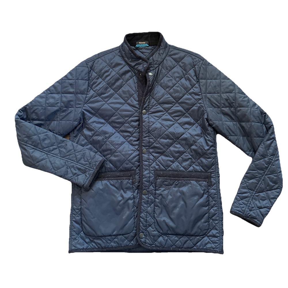 Barbour x Abraham Moon Jacket Men Large Navy Quilted Homespun Tweed Trim British